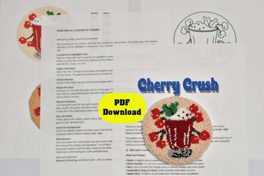 PDF document with cherry drink-themed punch needle coaster and 'Cherry Crush' text on a white background