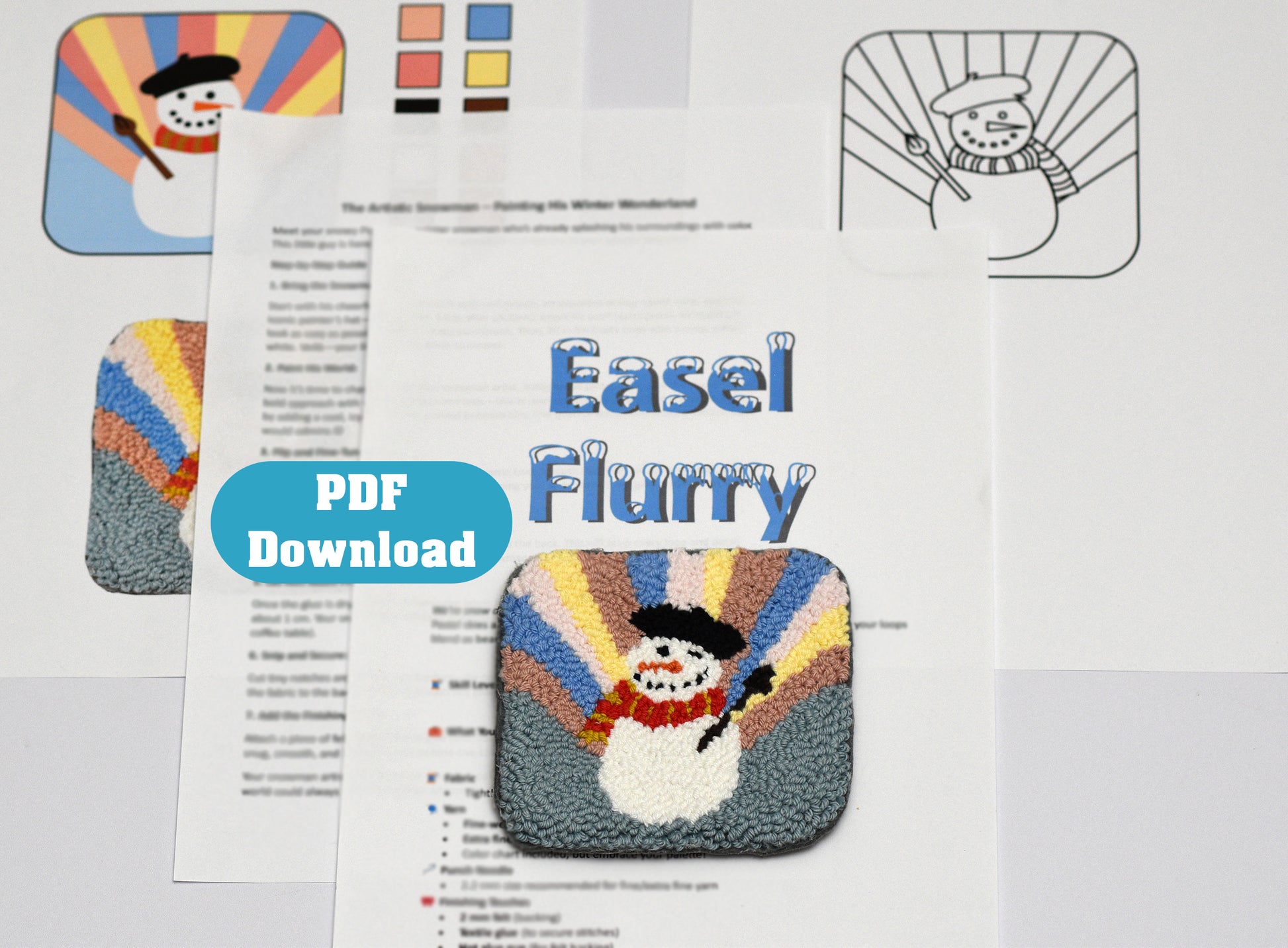 Easel Flurry punch needle coaster pattern with snowman design and PDF download text on a white background