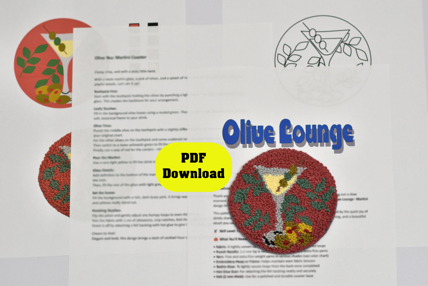 Martini designed punch needle coaster with PDF download option on a white background