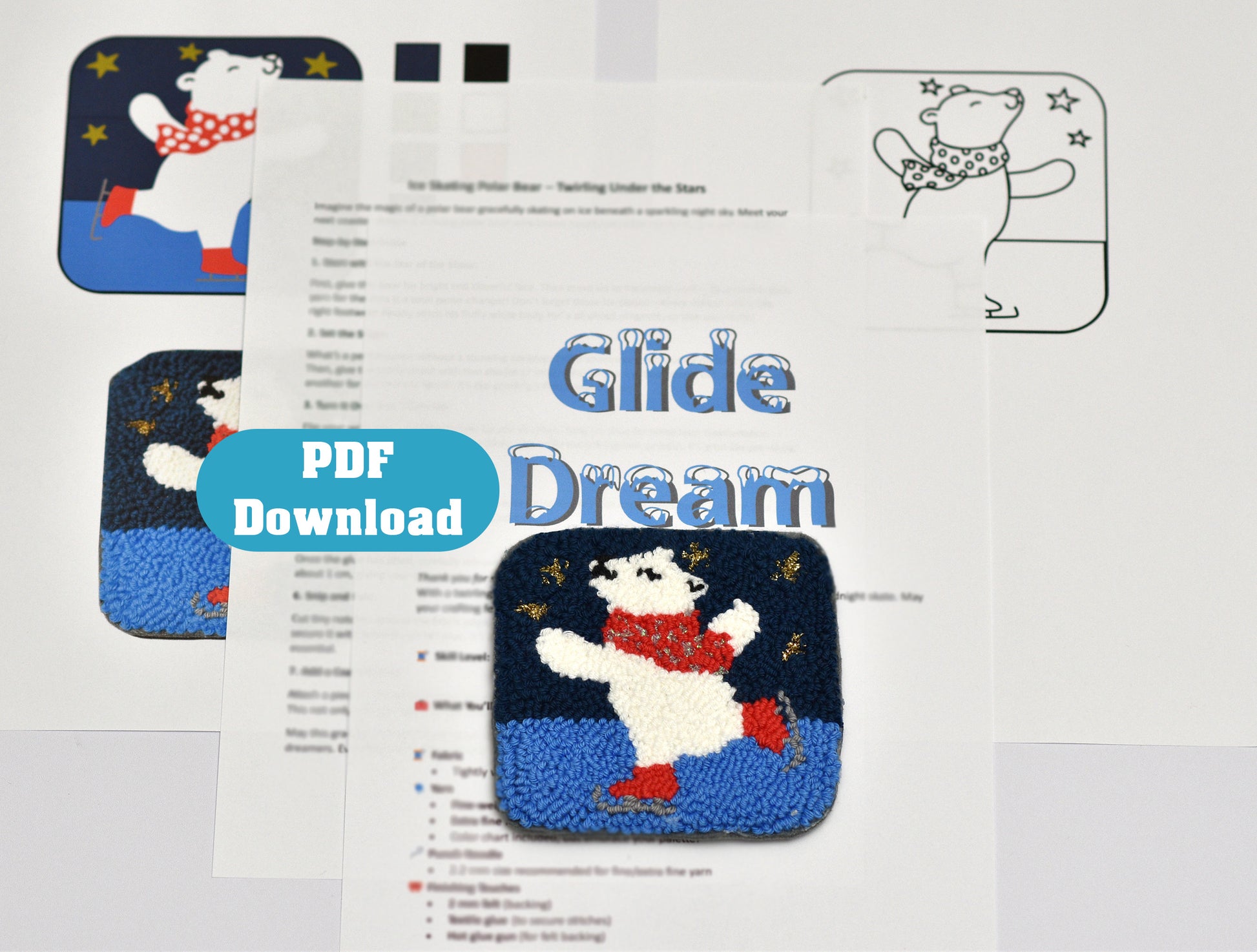 Glide Dream punch needle coaster pattern with a polar bear design and PDF download option on a white background