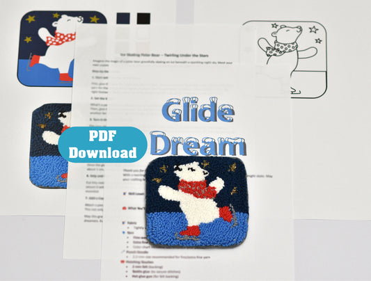 Glide Dream punch needle coaster pattern with a polar bear design and PDF download option on a white background