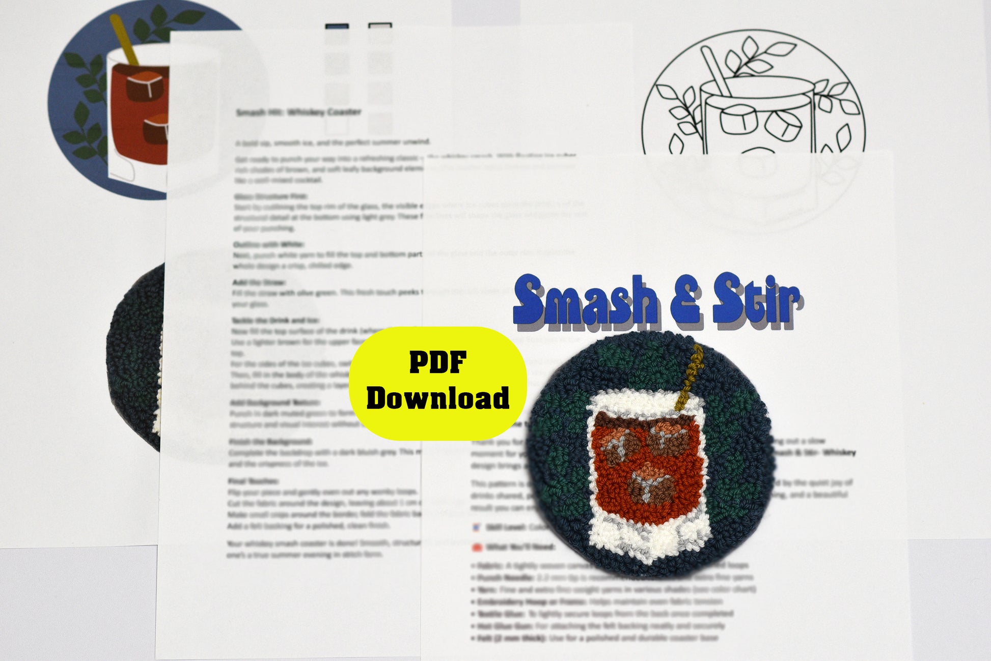 Embroidered Coaster with Whiskey design and PDF document with 'Smash & Stir' branding on a white background.