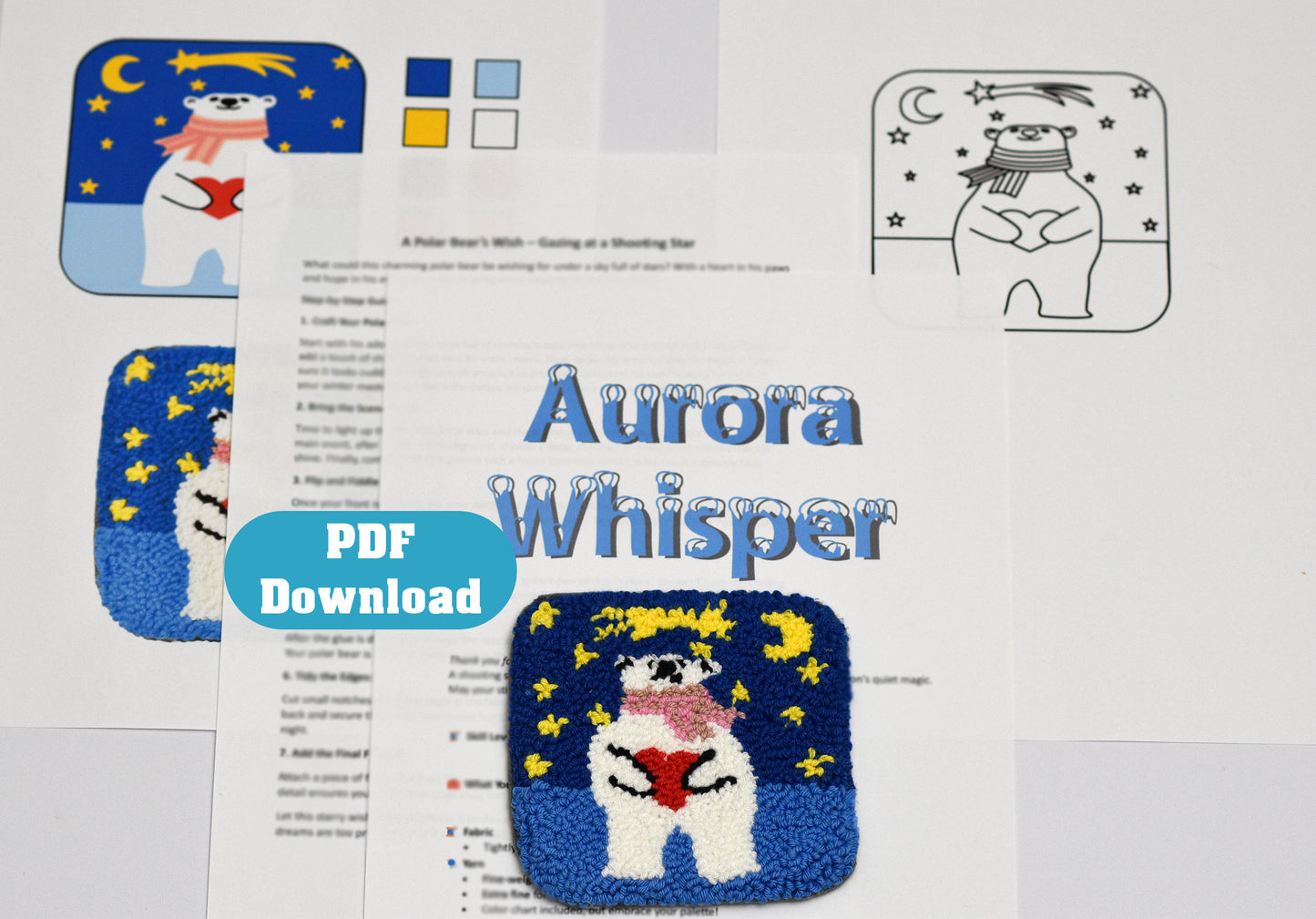 Punch needle coaster pattern with a polar bear design and 'Aurora Whisper' branding.