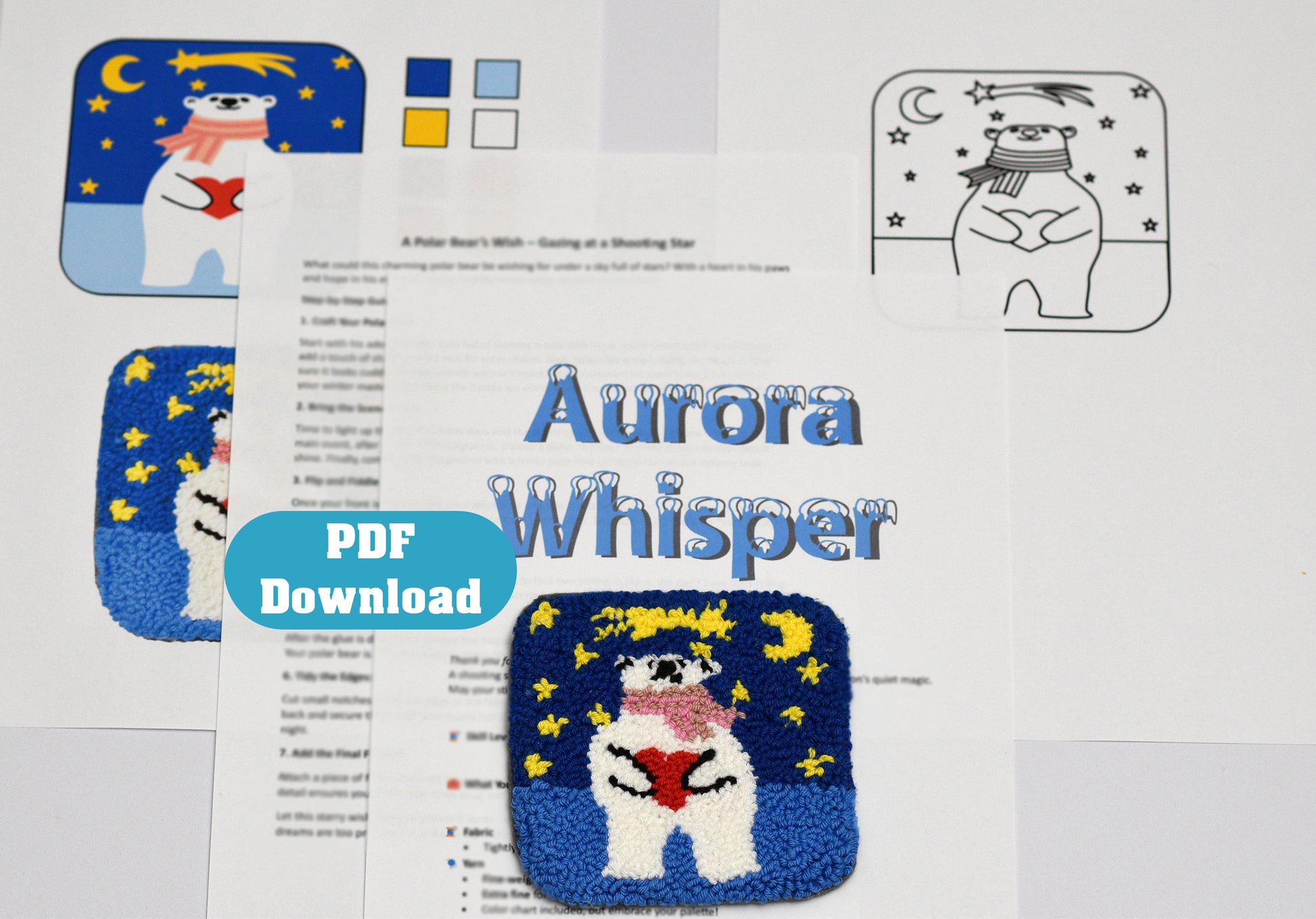 Punch needle coaster pattern with a polar bear design and 'Aurora Whisper' branding.