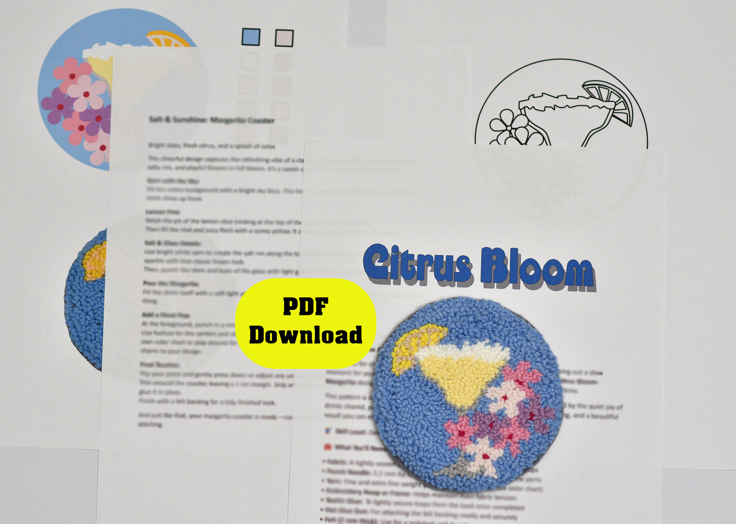 PDF document with punch needled coaster pattern with Margarita design and 'Citrus Bloom' text on a white background