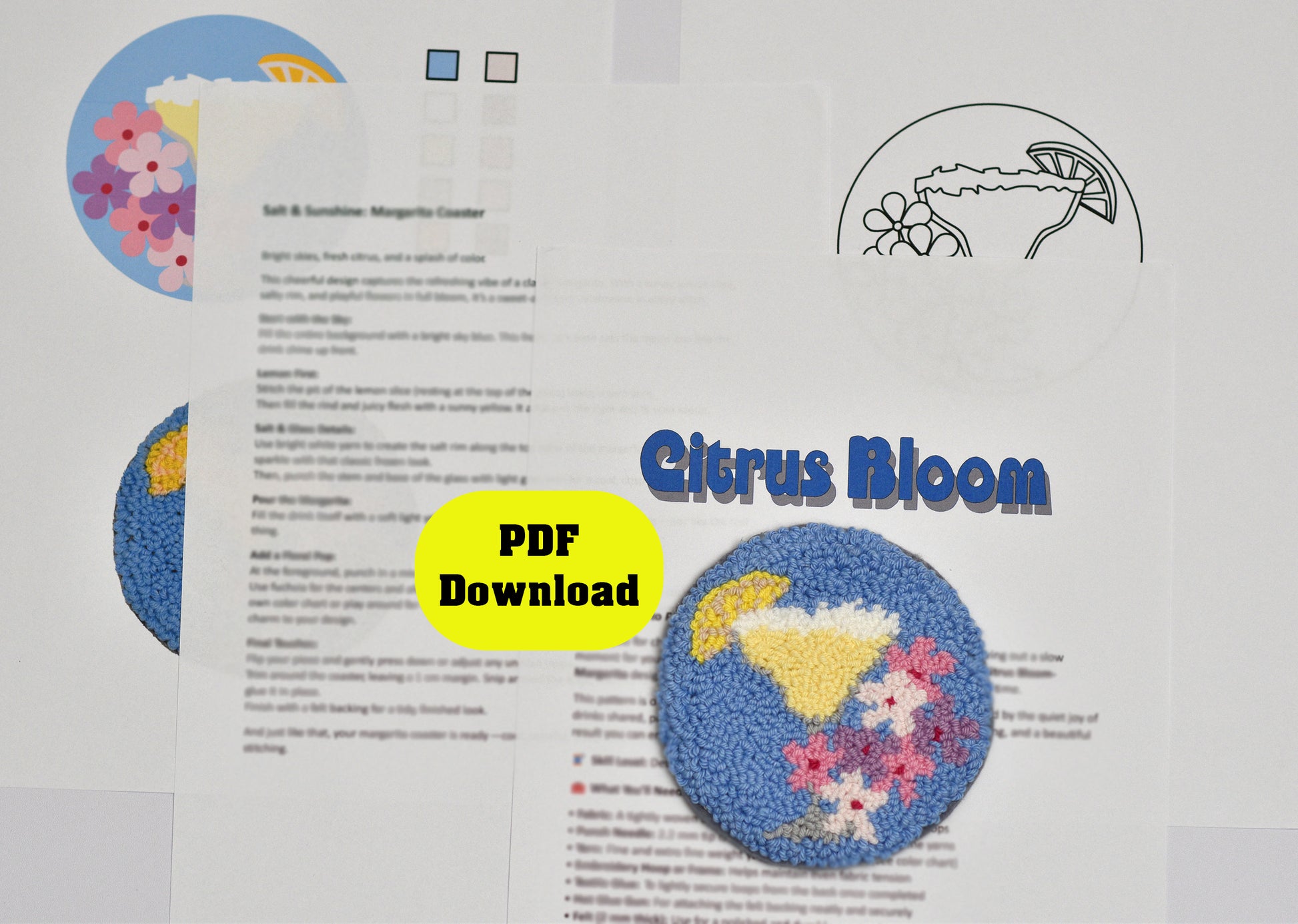 PDF document with punch needled coaster pattern with Margarita design and 'Citrus Bloom' text on a white background