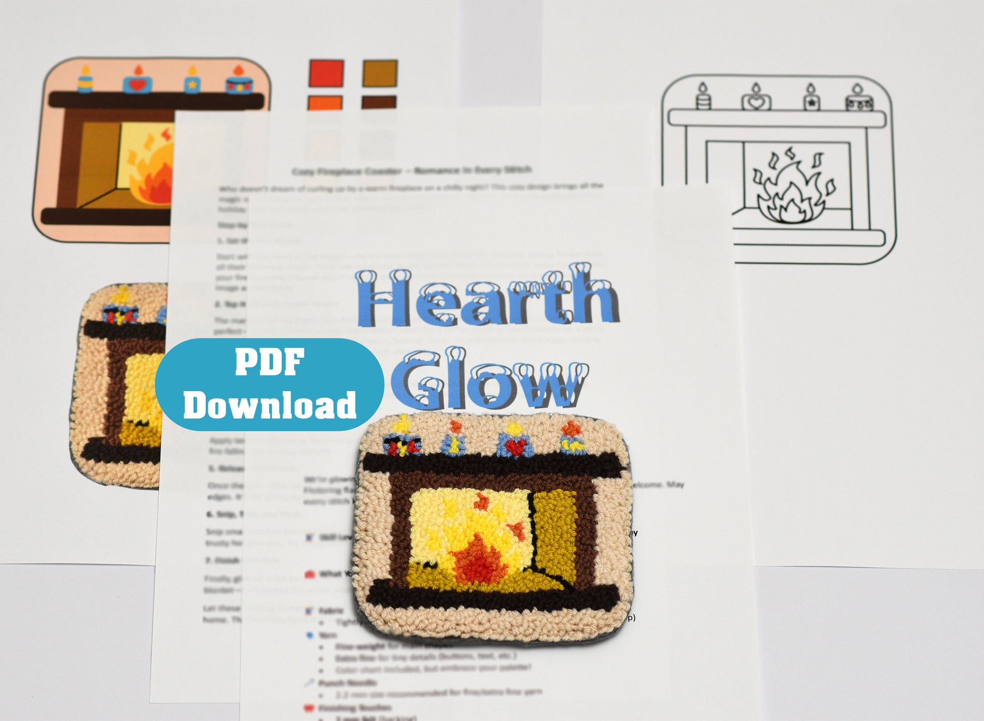 PDF document of a punch needled coaster titled 'Hearth Glow' with illustrations of a fireplace, candles and text on a white background.