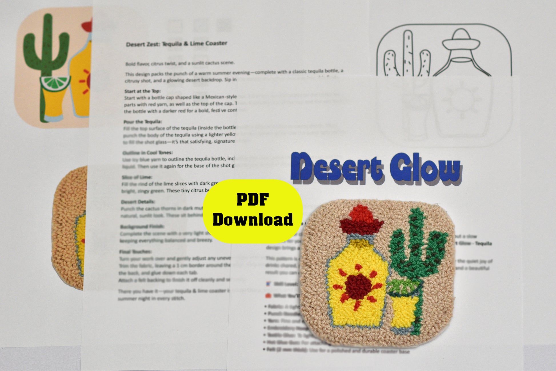 Desert-themed punch needle coaster design with cactus and Tequila bottle on a PDF document