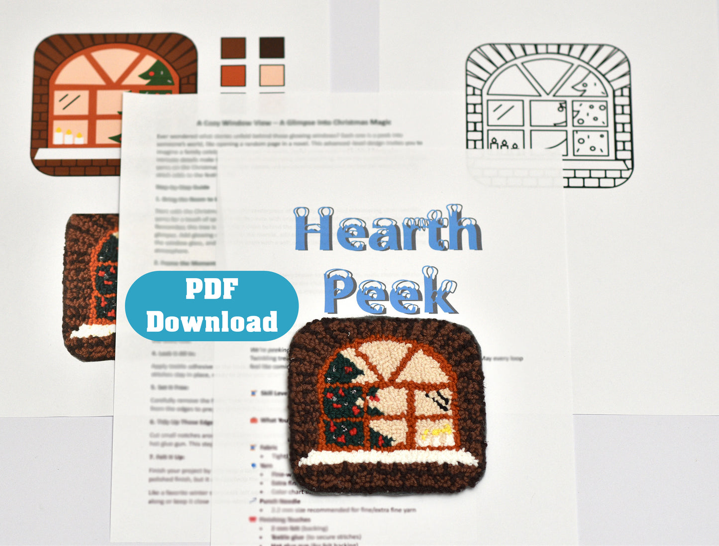 Hearth Peek branded punch needled coaster PDF download with window design and color swatches on a white background