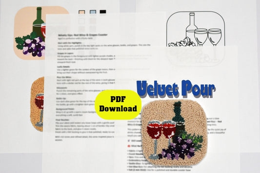 Punch needle coaster with wine-themed and PDF document with 'Velvet Pour' branding on a white background.