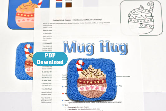 Mug Hug punch needle coaster with a PDF download label on a white background