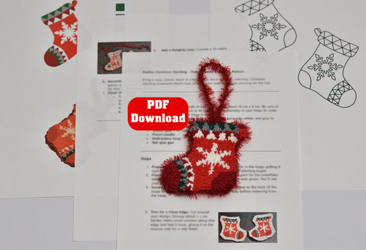 Punch needled Red Christmas stocking ornament with snowflakes on a PDF document with text and other designs.