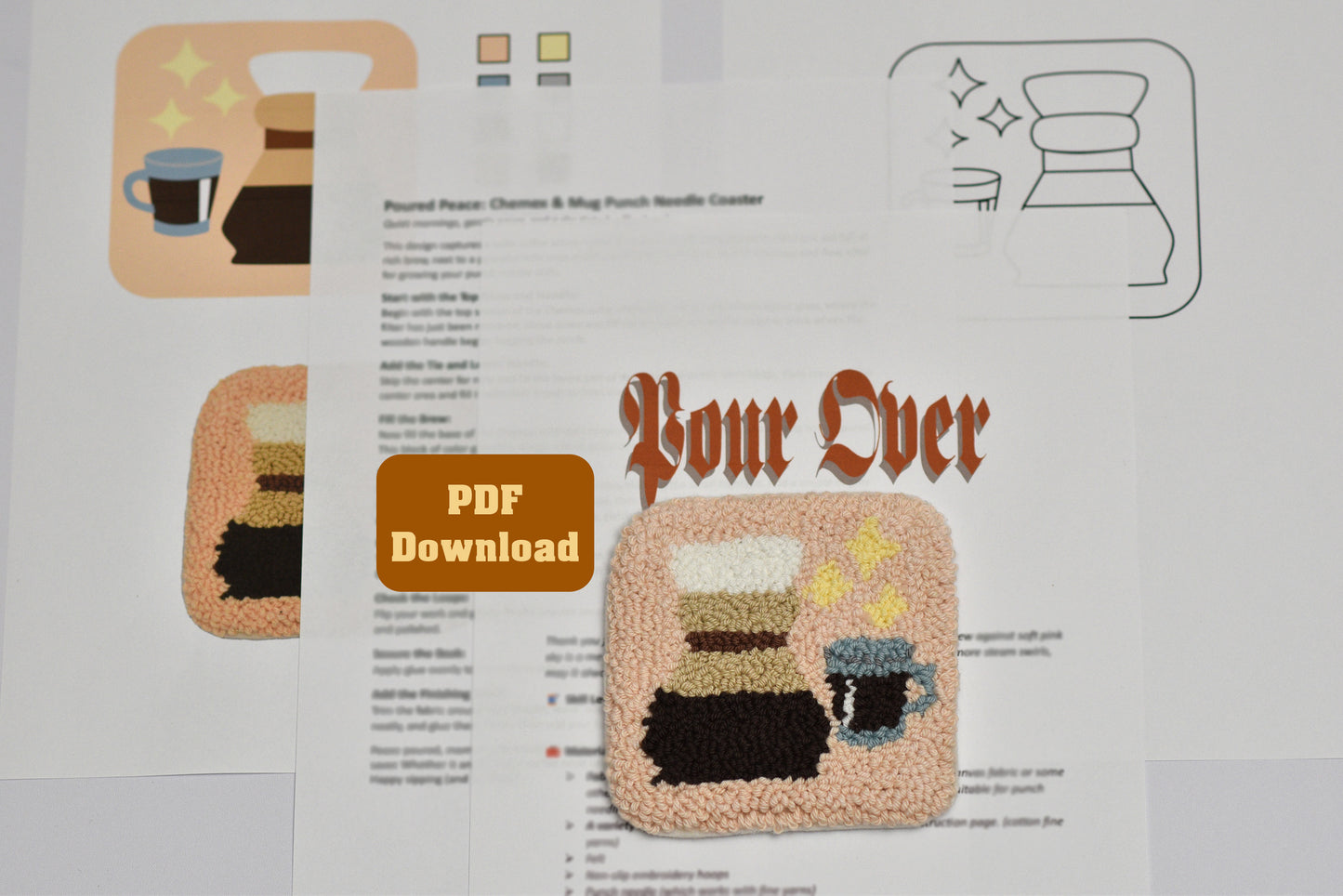 Punch needled coaster pattern with  coffee chemex titled 'Pour Over' design and PDF download button on a white background