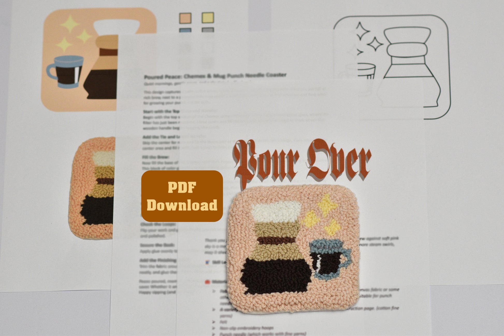 Punch needled coaster pattern with  coffee chemex titled 'Pour Over' design and PDF download button on a white background