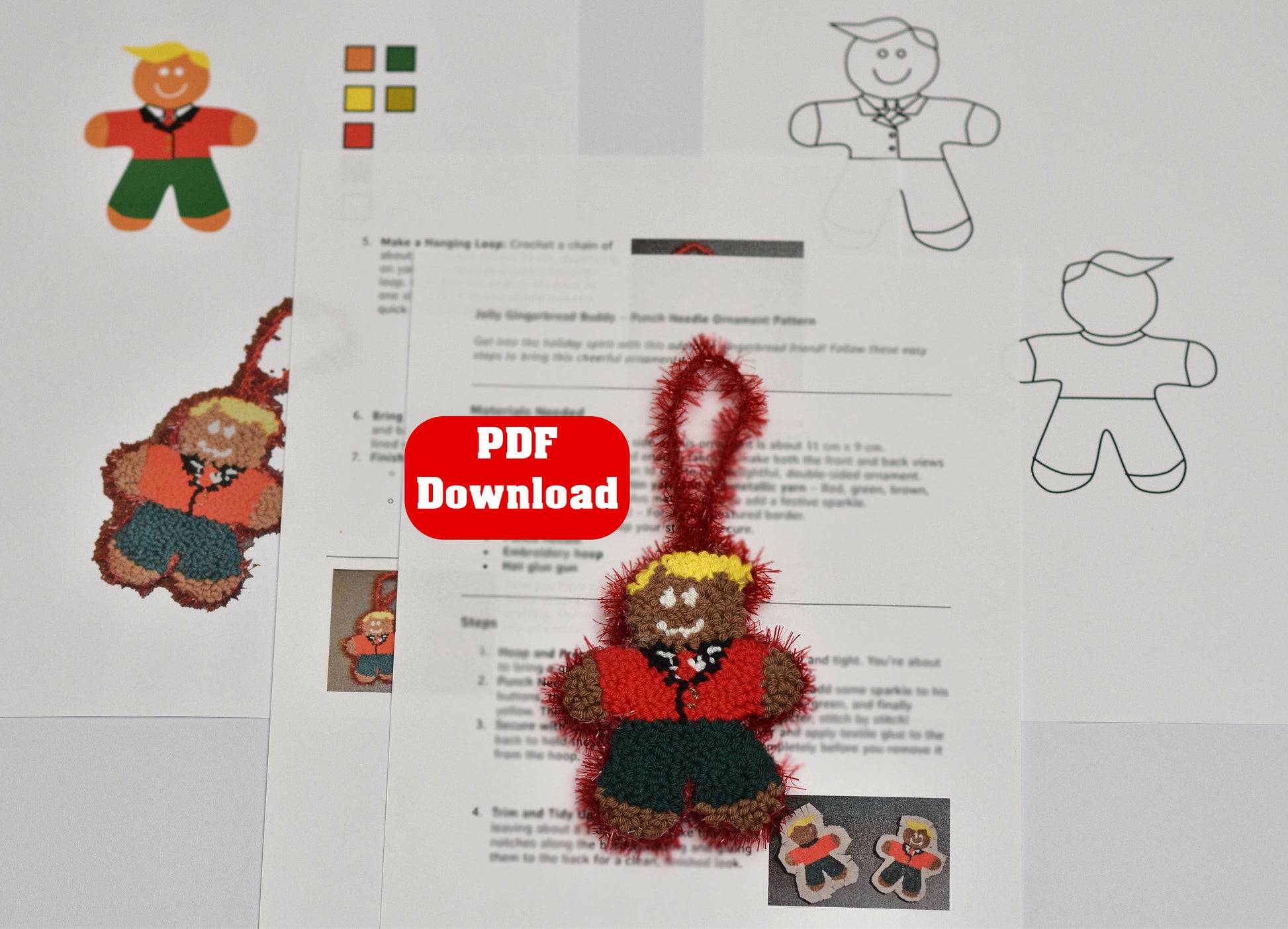 Sheet of paper with gingerbread man punch needled ornament and templates and a PDF download button.