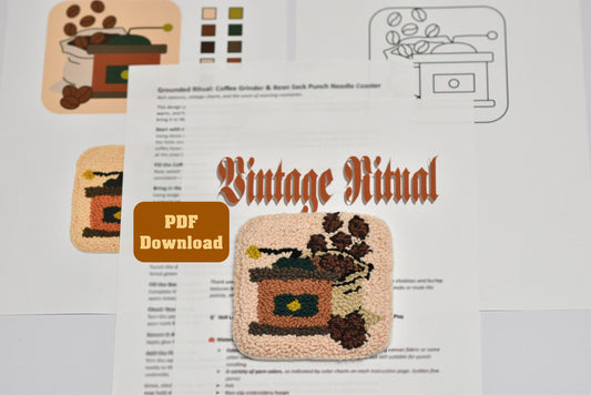 Vintage Ritual embroidery mug rug with coffee grinder design on a printed pattern sheet.