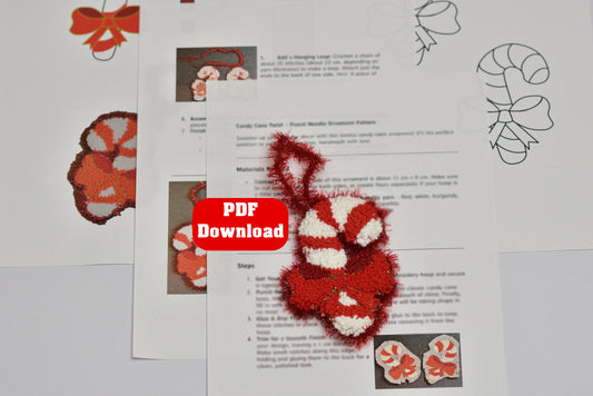 PDF download option for a punch needled ornament with candy cane design on a white background