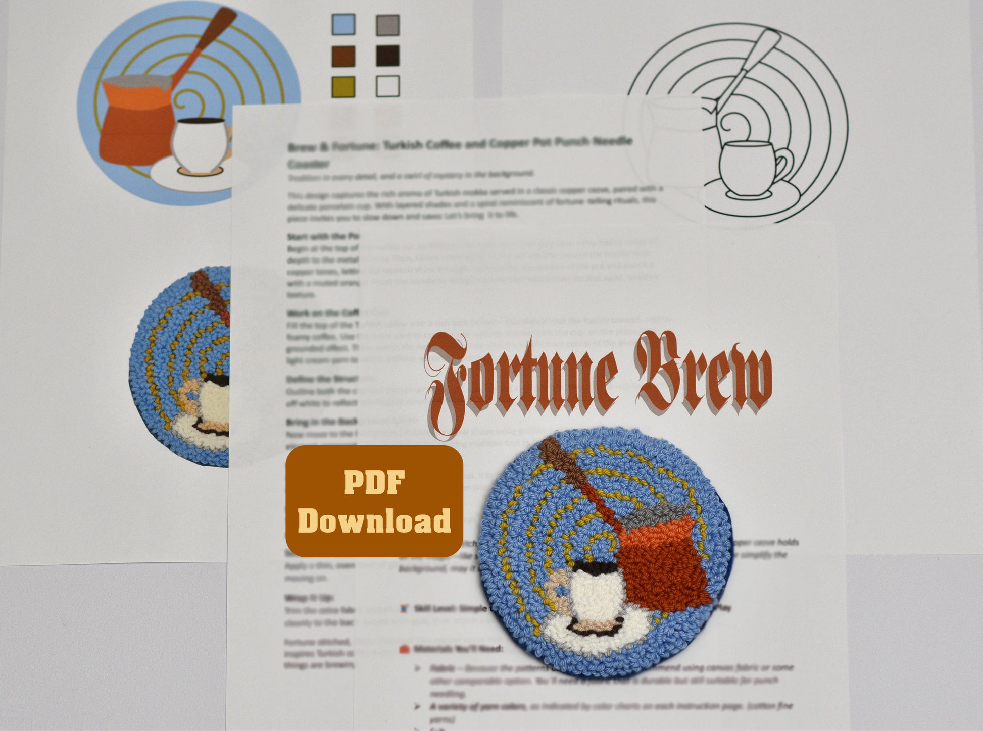 Punch needle coaster with 'Fortune Brew' text and illustrations of a Turkish coffee pot and cup on a white background.