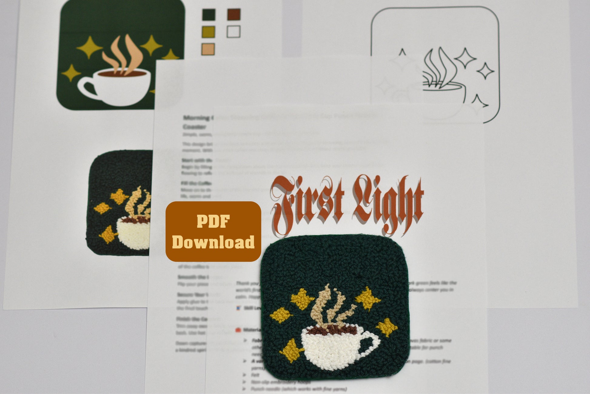 Embroidery coaster design with coffee cup and text 'First Light' on a digital interface.