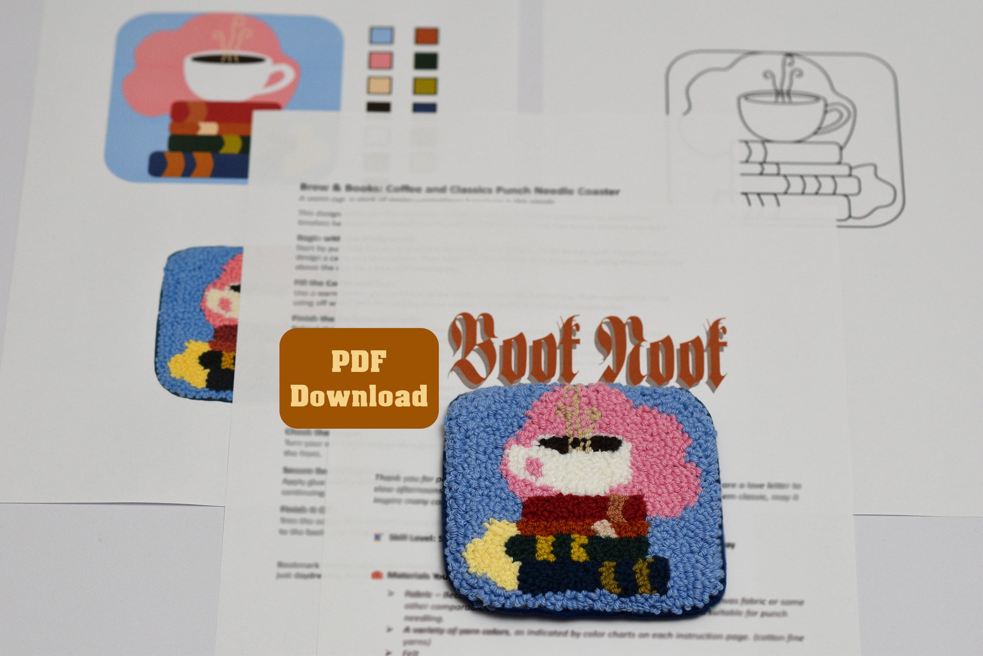Embroidery coaster design with books under a coffee cup on a PDF download page.