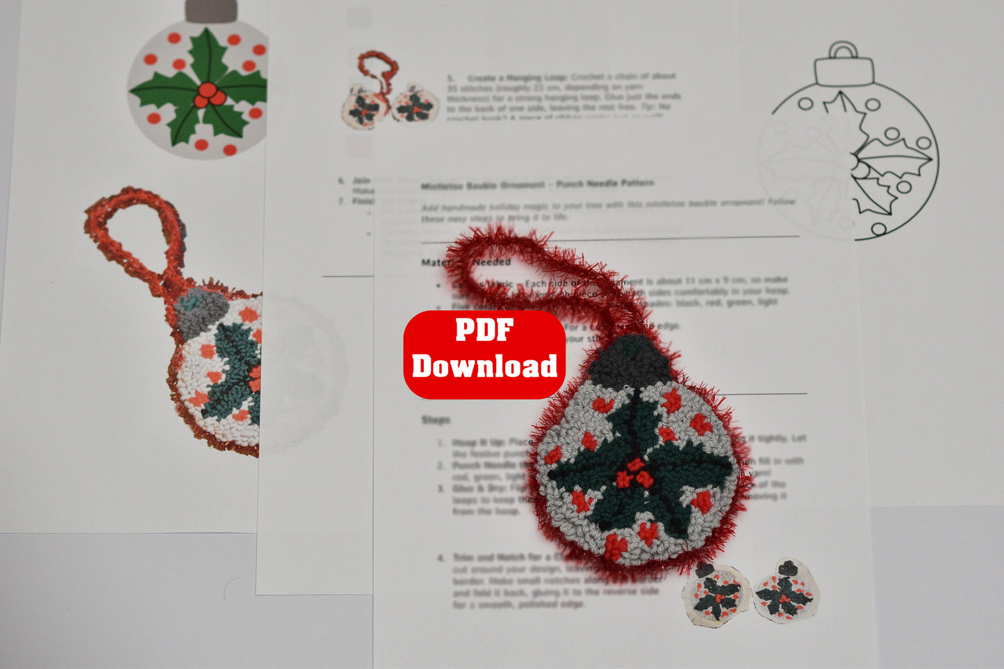 Embroidered ornament mistletoe pattern with PDF download button on a white background
