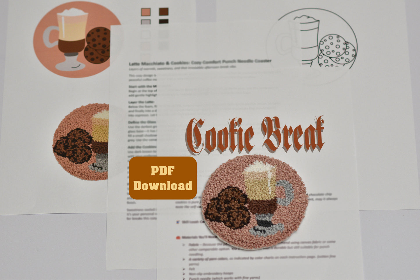 Sheet of paper with 'Cookie Break' coaster design and PDF download button on a white background