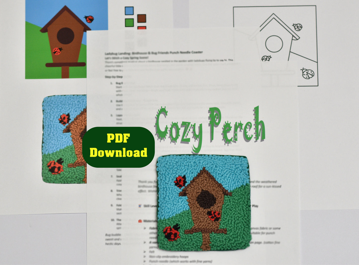 Embroidery coaster pattern for a birdhouse with 'Cozy Perch' text and PDF download option.