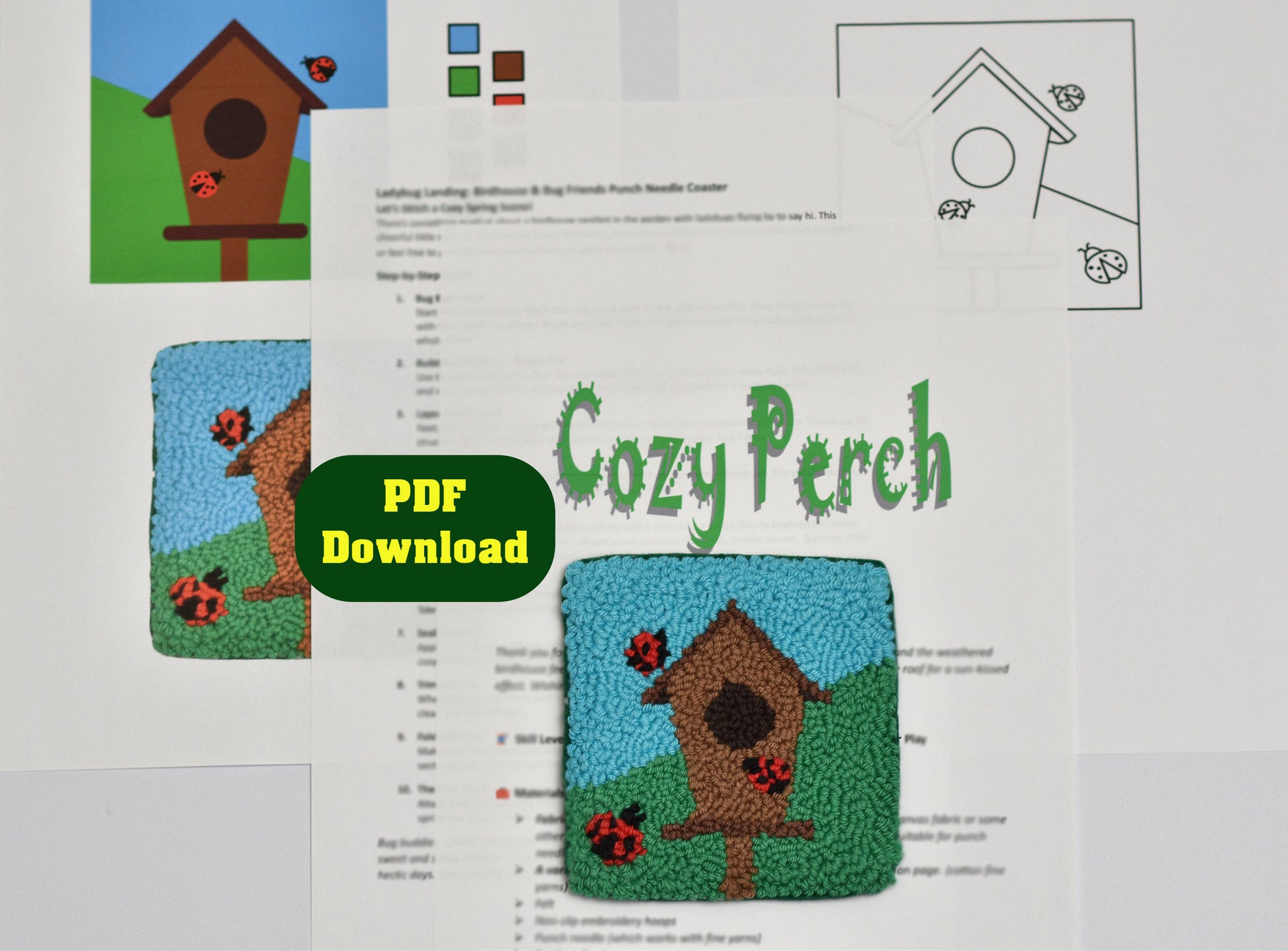 Embroidery coaster pattern for a birdhouse with 'Cozy Perch' text and PDF download option.
