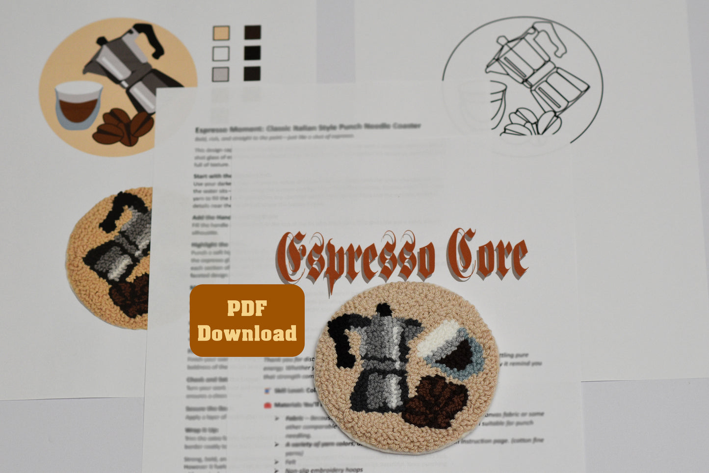 Embroidery coaster design with 'Espresso Core' and PDF download option.