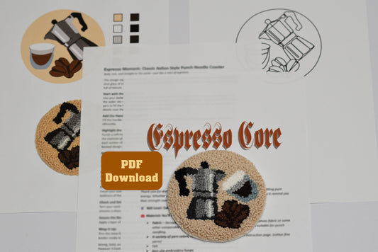 Embroidery coaster design with 'Espresso Core' and PDF download option.