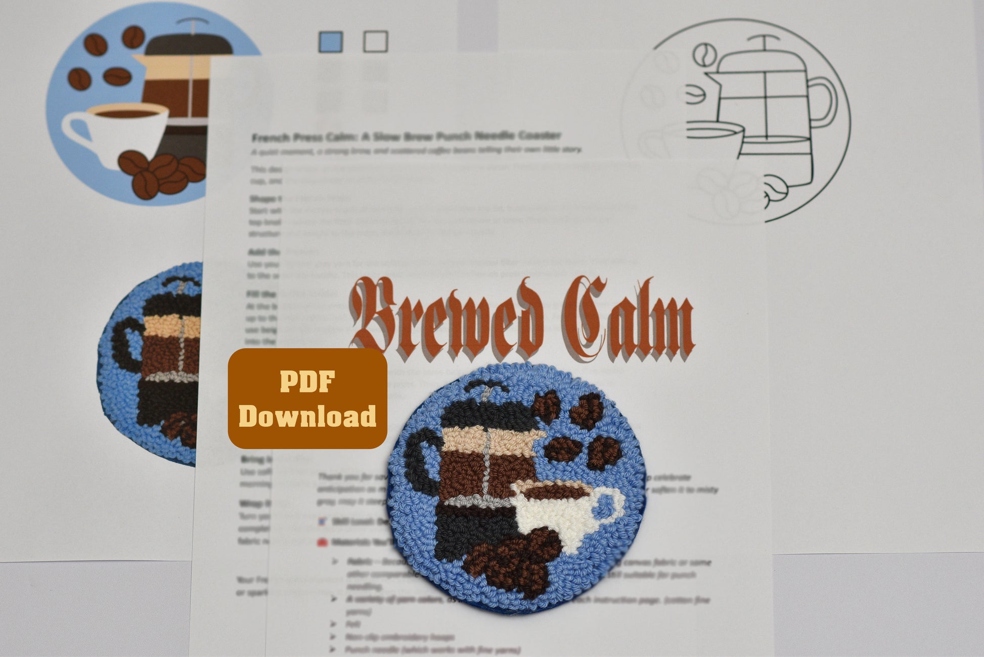  Coffee-themed punch needle coaster pattern with 'Brewed Calm' text including PDF download link