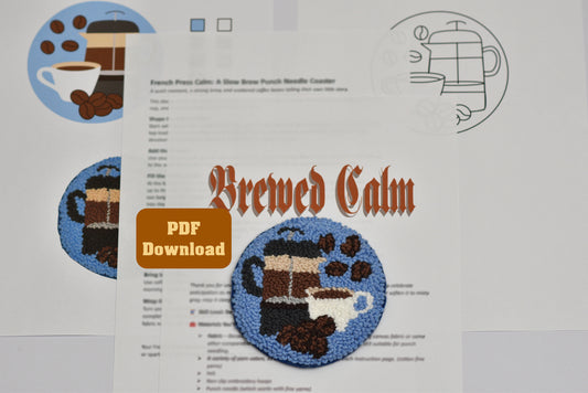  Coffee-themed punch needle coaster pattern with 'Brewed Calm' text including PDF download link