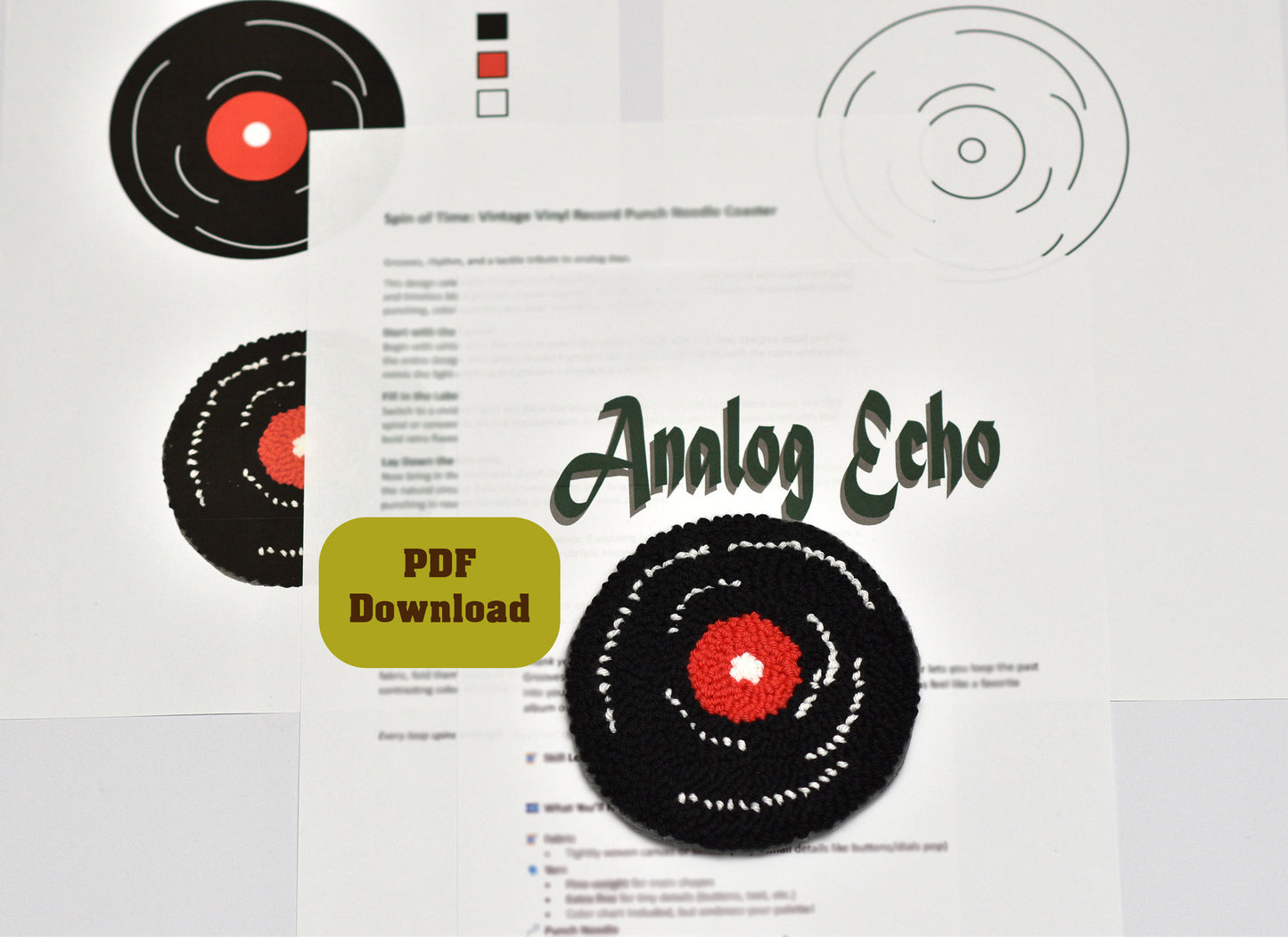 Punch needle coaster with Vintage vinyl record design with 'Analog Echo' text and PDF download button on a white background.