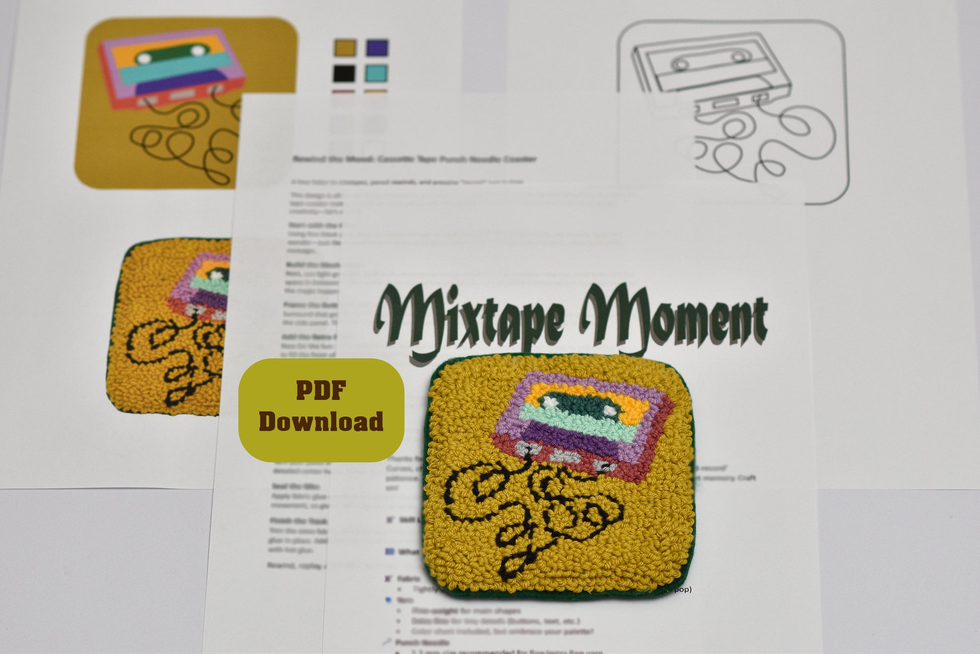 Punch needle coaster pattern for 'Mixtape Moment' with cassette tape graphics and PDF download button.