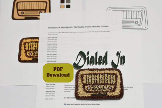 Embroidered coaster with radio design on a printed pattern sheet titled 'Dialed In'.