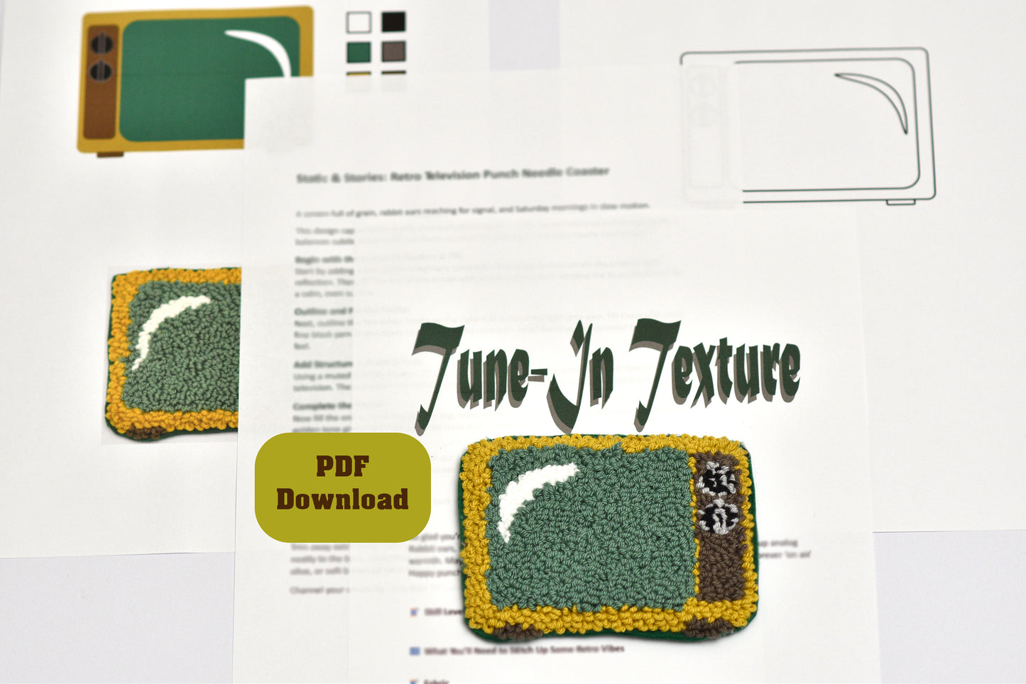 Punch needle retro TV shaped coaster with 'Tune-In Texture' and PDF download text on a white background.