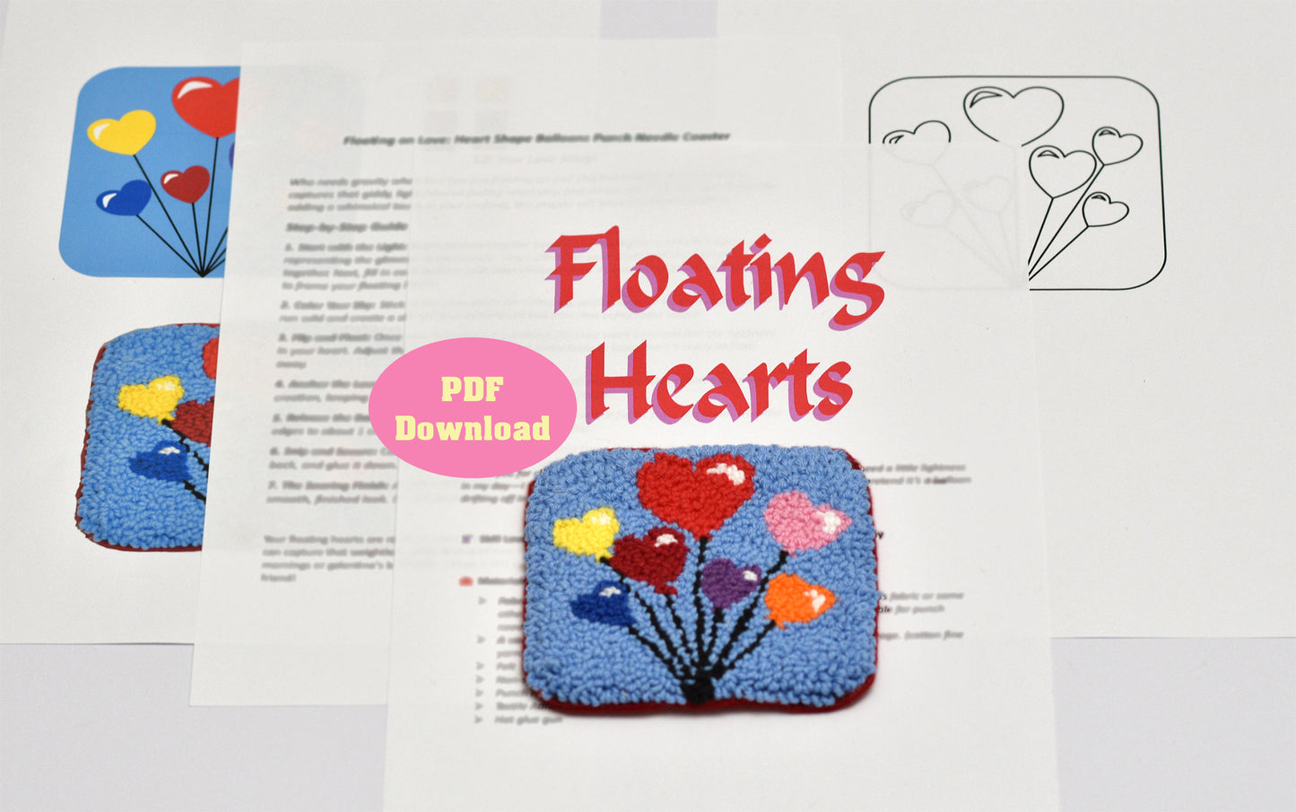 Coaster with 'Floating Hearts' design and text on a white background
