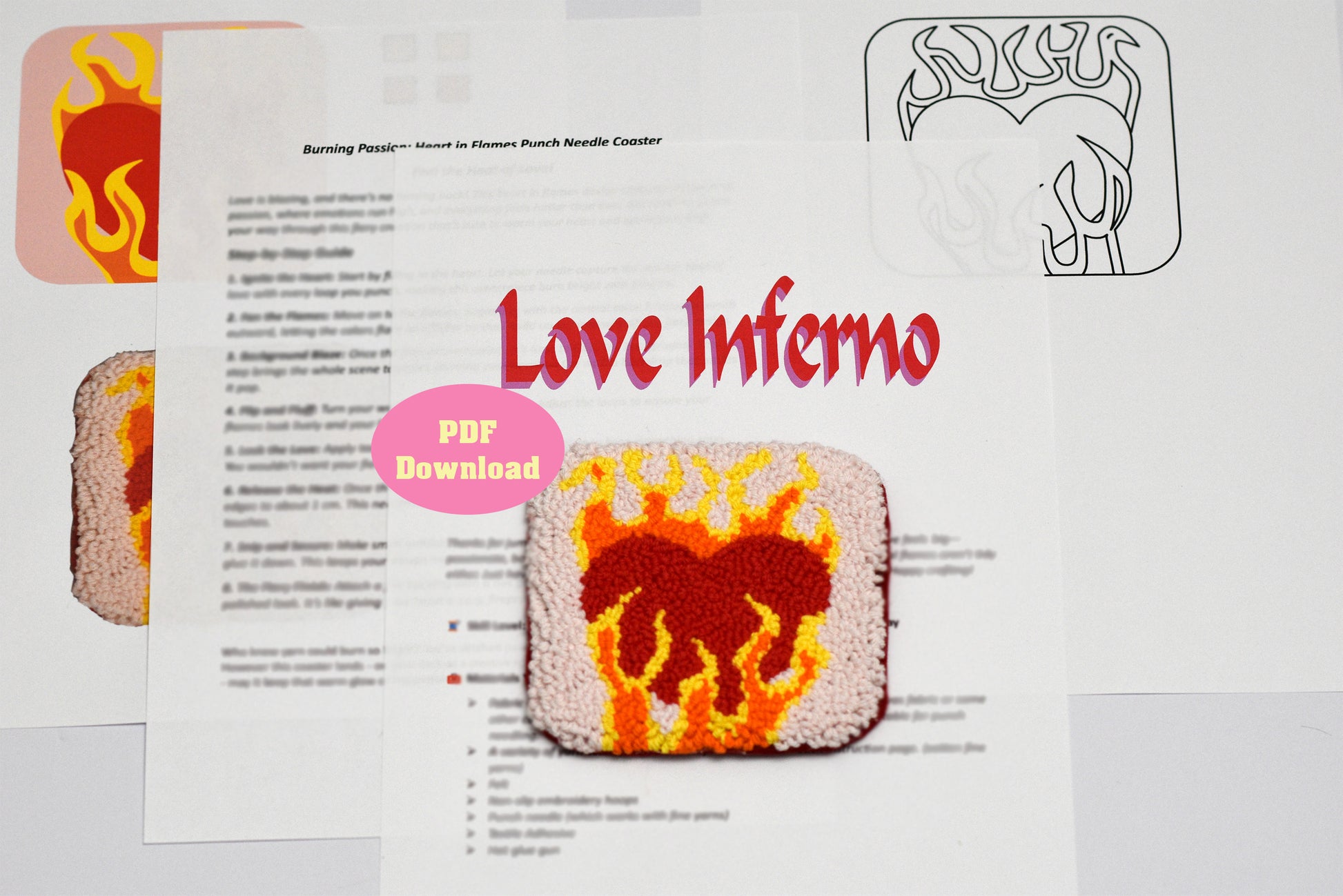 Punch needle pattern leaflet for 'Love Inferno' with a sample swatch featuring flames and text.