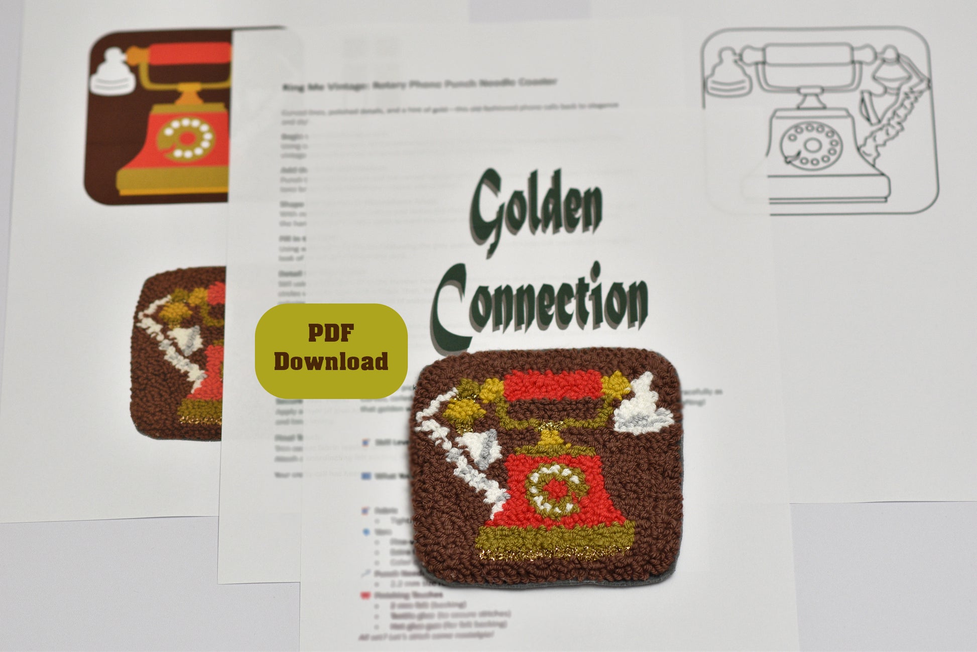 Punch needle phone pattern coaster with 'Golden Connection' text on a white background