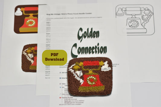 Punch needle phone pattern coaster with 'Golden Connection' text on a white background