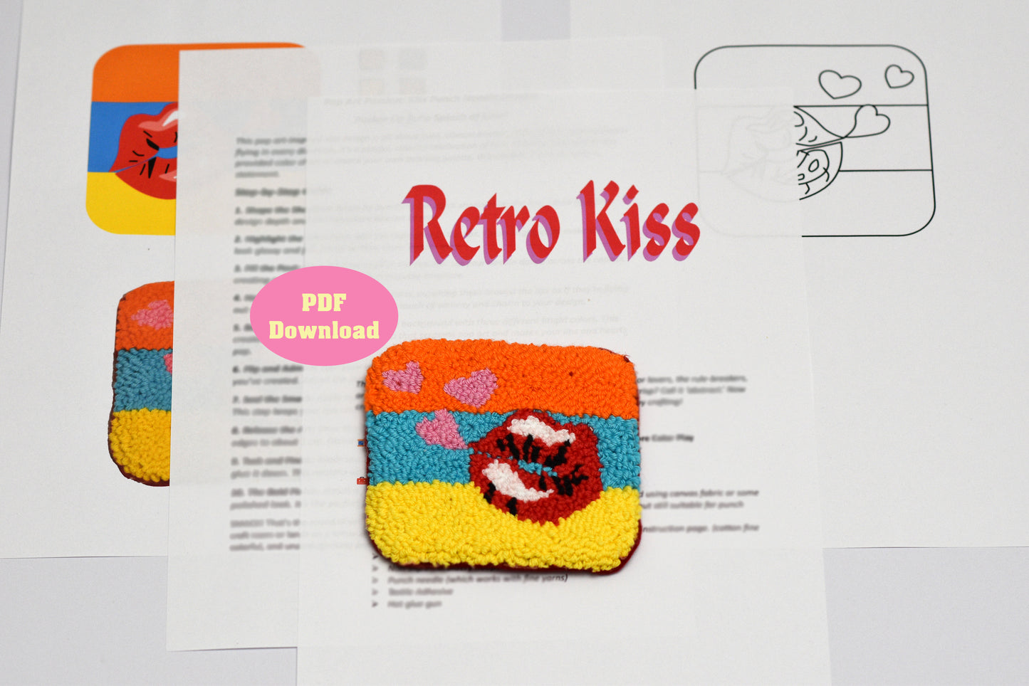 Colorful retro-style punch needle coaster with 'Retro Kiss' text on a printed sheet.