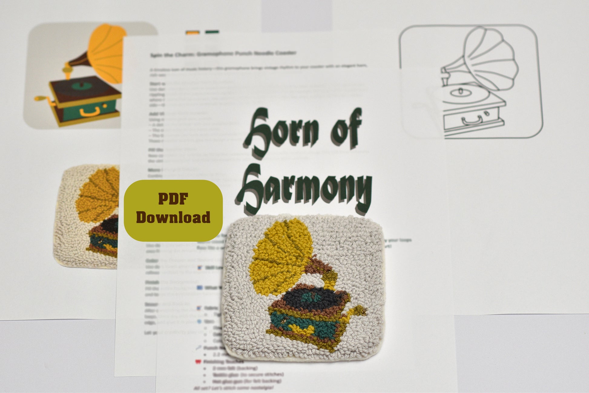 Punch needle pattern book with 'Horn of Harmony' design and PDF download option.