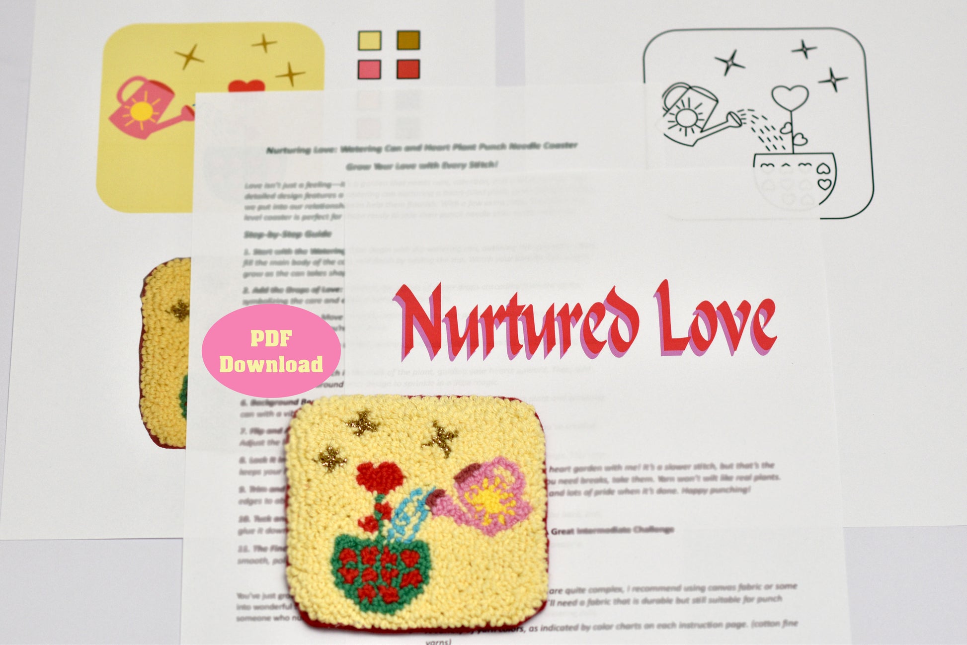 Embroidered coaster with flowers on a paper with 'Nurtured Love' text and PDF download button.