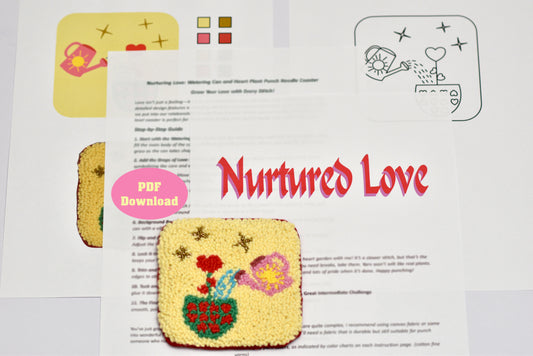Embroidered coaster with flowers on a paper with 'Nurtured Love' text and PDF download button.