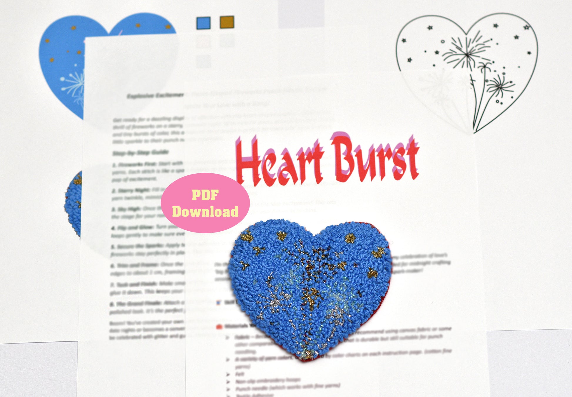 Heart-shaped punch needle coaster with 'Heart Burst' text on a document background