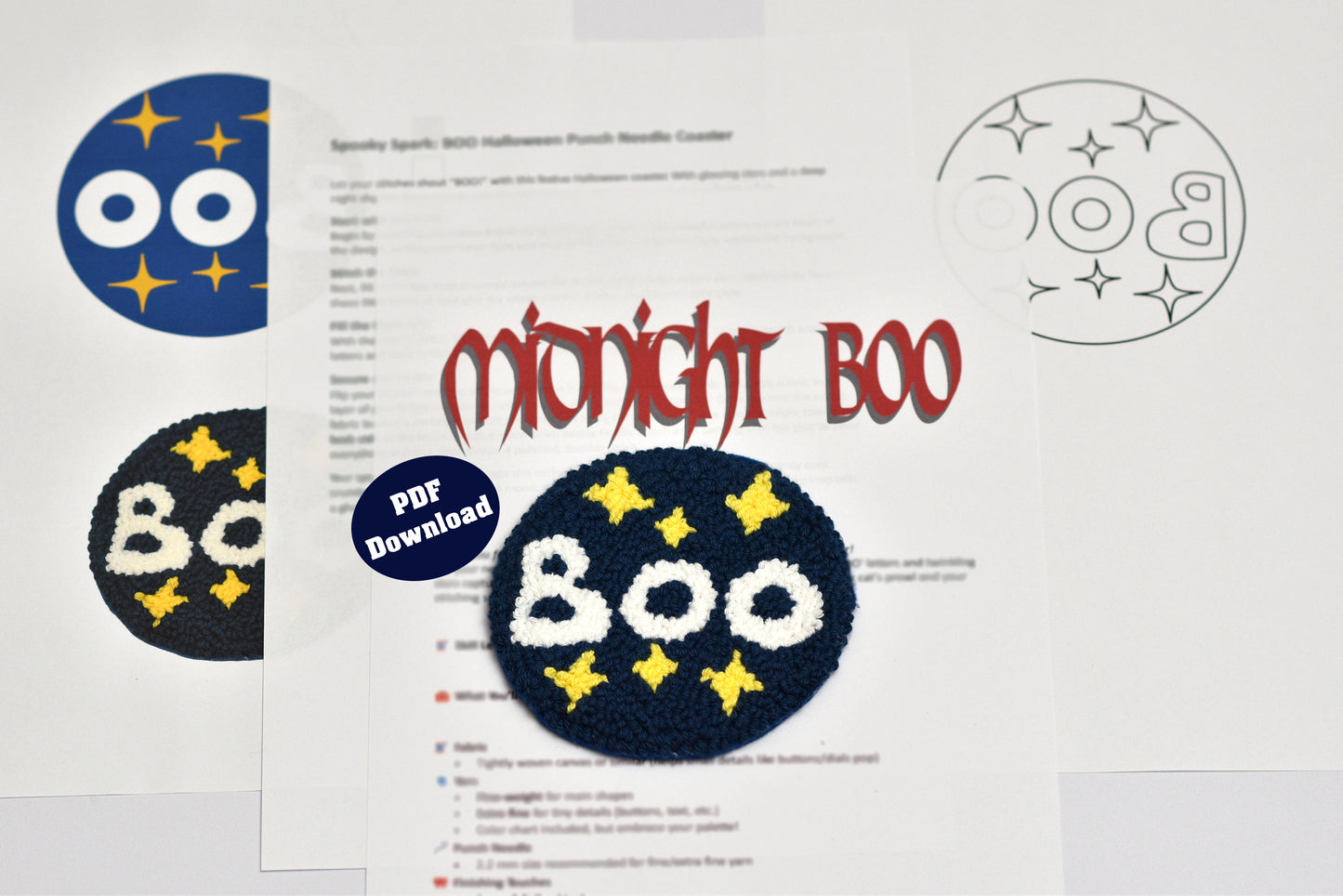 Embroidery coaster design files with 'Midnight Boo' and 'Boo' text on a white background