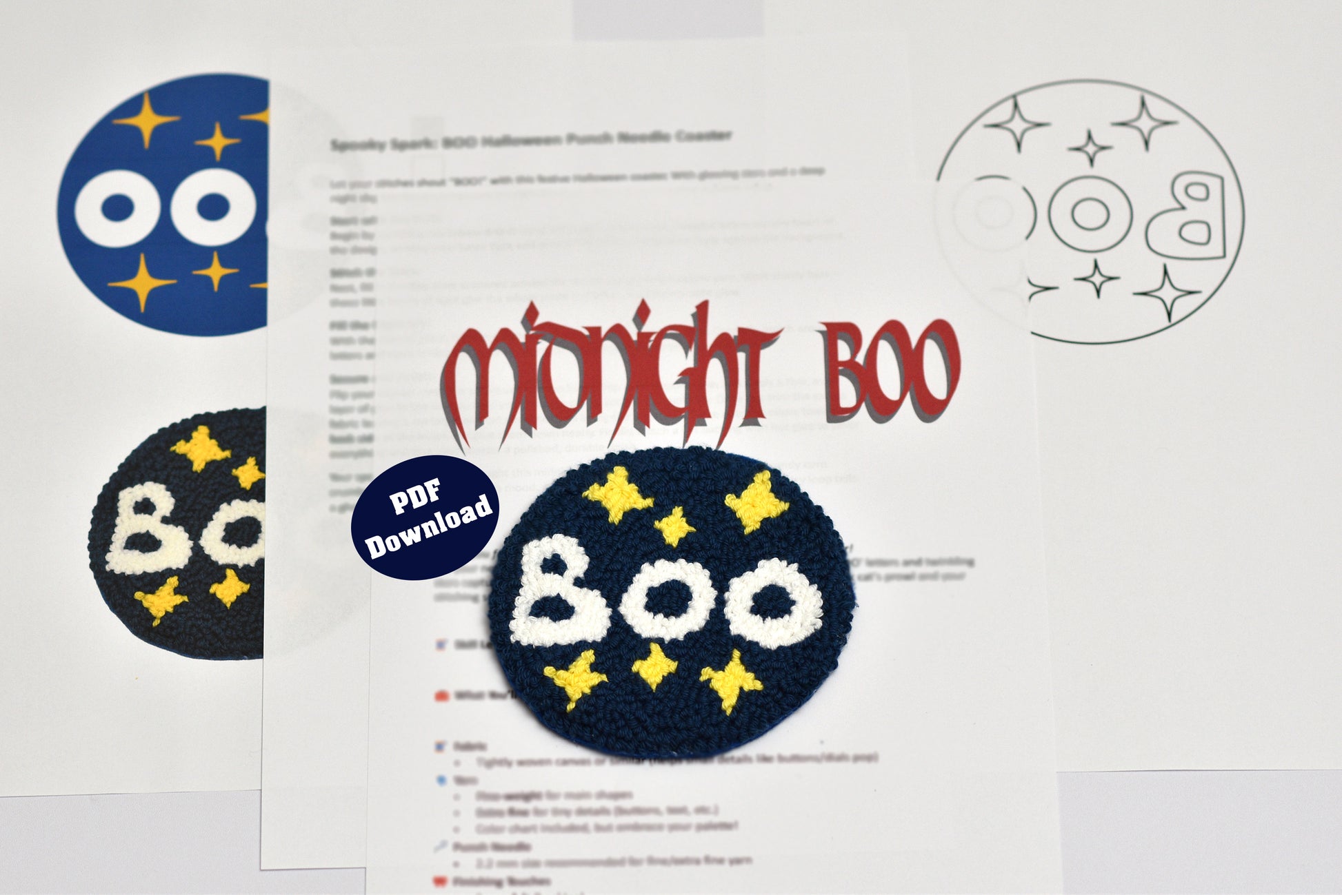 Embroidery coaster design files with 'Midnight Boo' and 'Boo' text on a white background