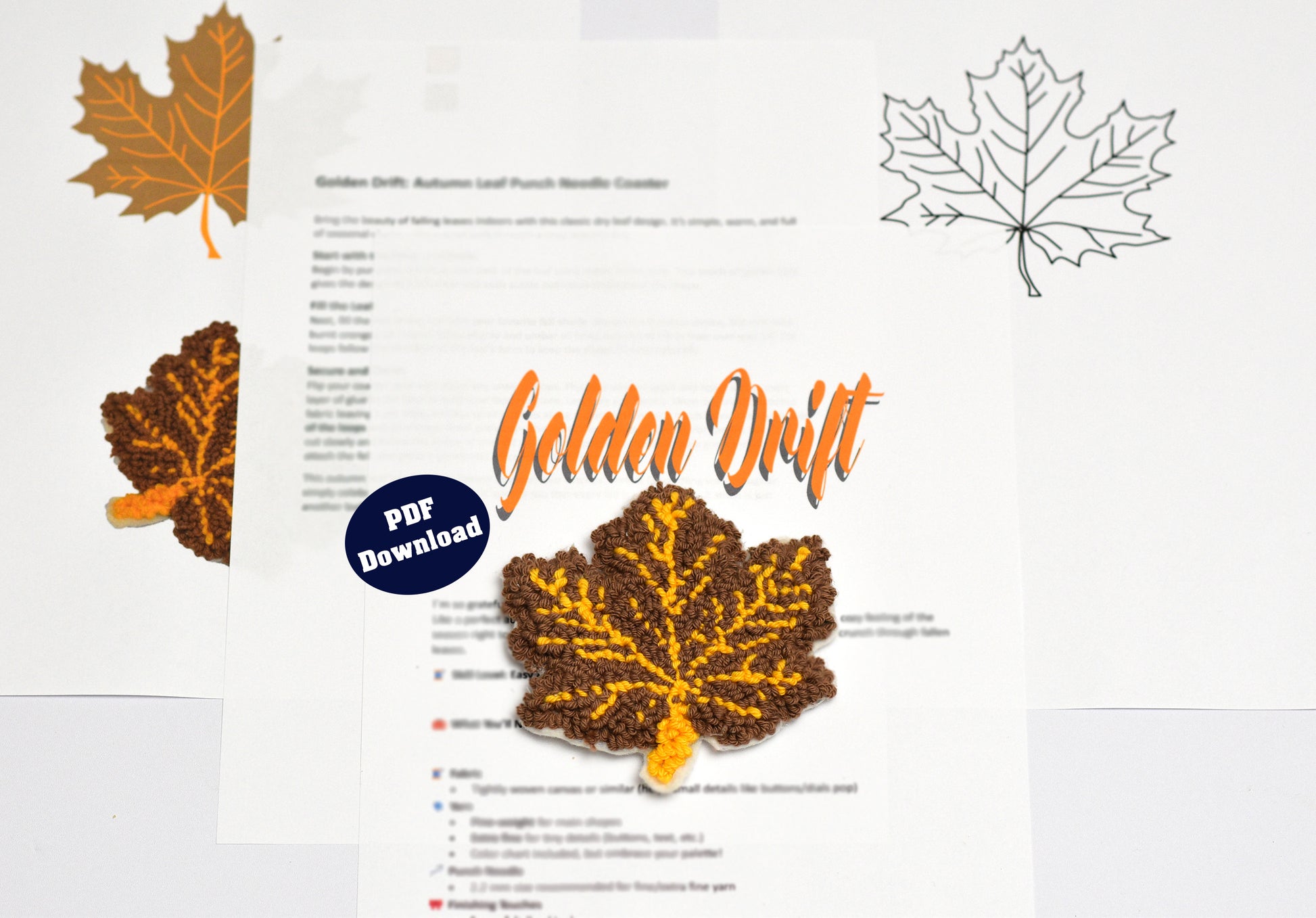 punch needle coaster pattern leaflet for 'Golden Drift' with leaf illustrations and text on a white background