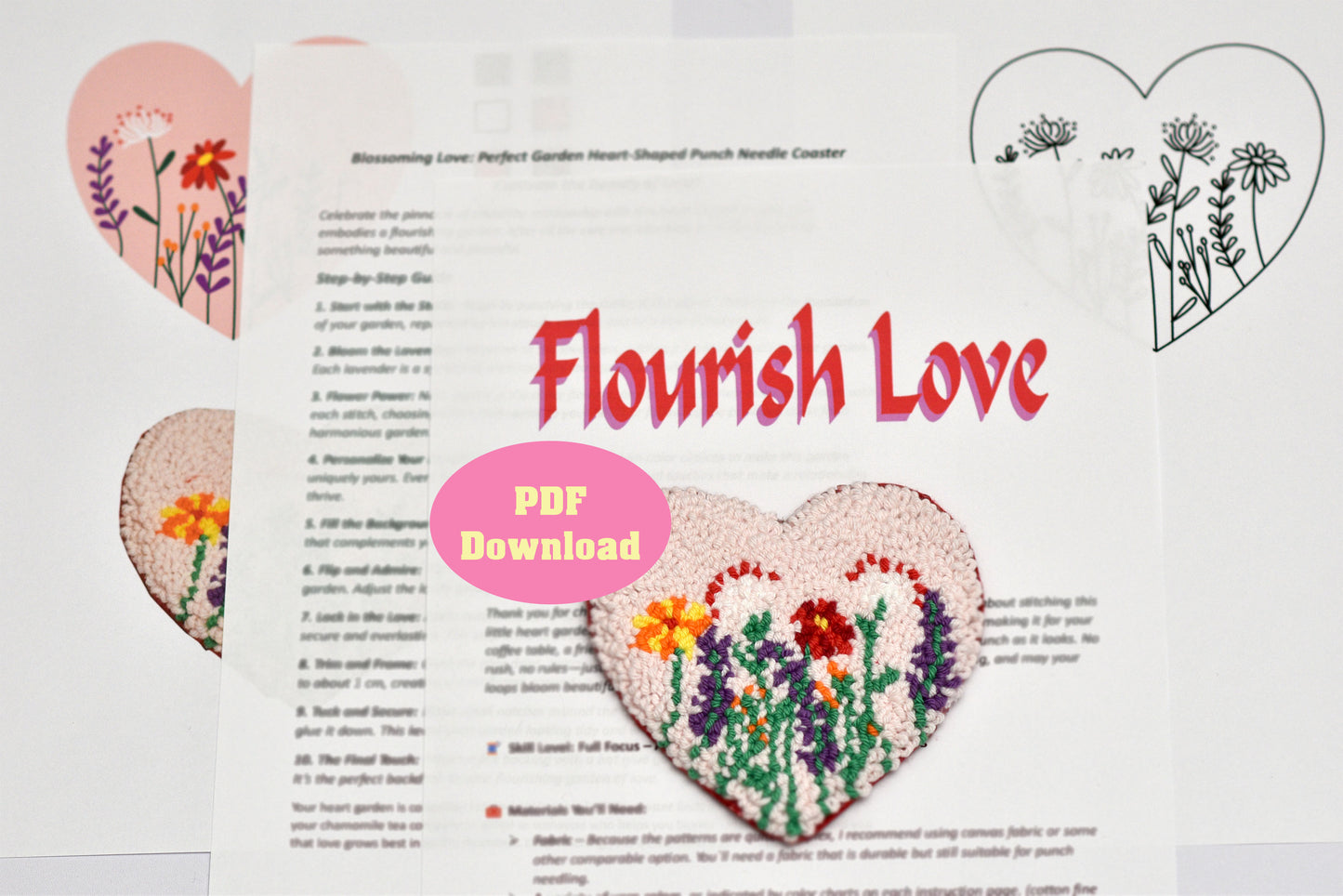 Embroidered heart coaster with floral design on a white background and text written Flourish Love 