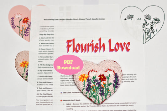 Embroidered heart coaster with floral design on a white background and text written Flourish Love 